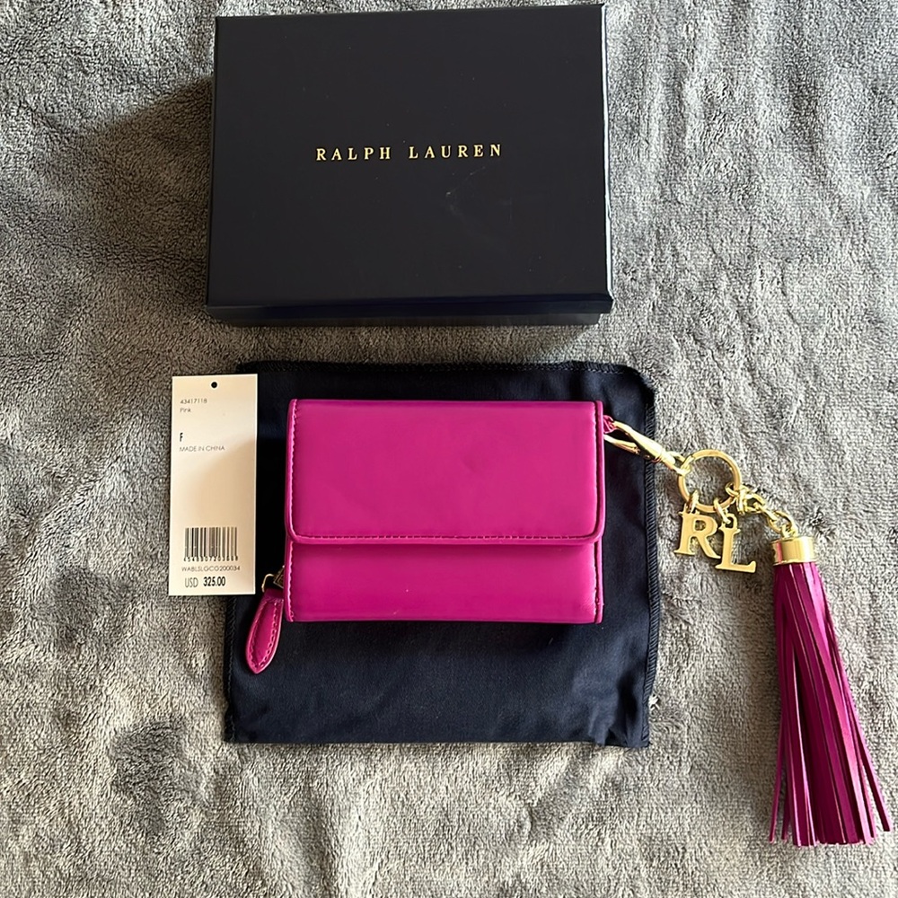 NIB, Ralph Lauren pink/magenta leather wallet with gold detail and tassle